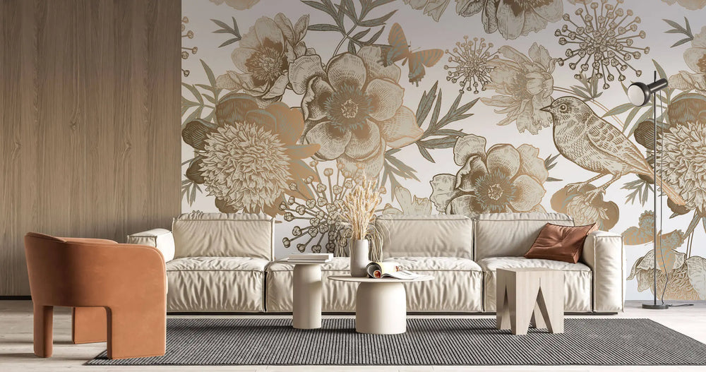 Tapet personalizat floral cu flori in nuante de bronz cupru si pasari pe un fundal alb bronze flowers