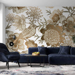Tapet personalizat floral cu flori in nuante de bronz cupru si pasari pe un fundal alb bronze flowers