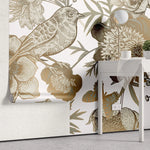 Tapet personalizat floral cu flori in nuante de bronz cupru si pasari pe un fundal alb bronze flowers