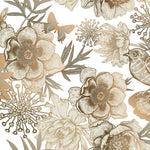Tapet personalizat floral cu flori in nuante de bronz cupru si pasari pe un fundal alb bronze flowers