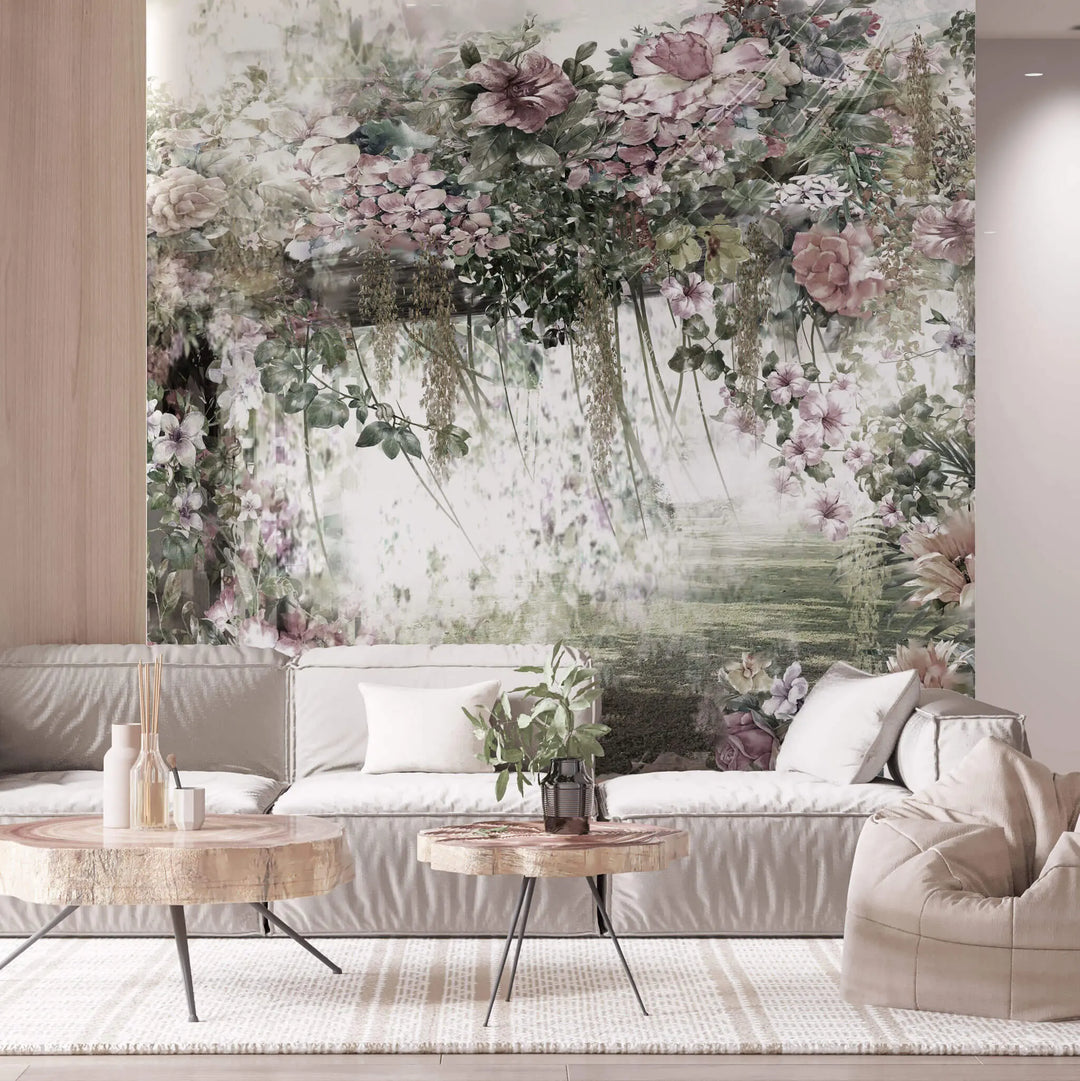 Tapet personalizat floral cu peisaj din natura pictat floral artwork