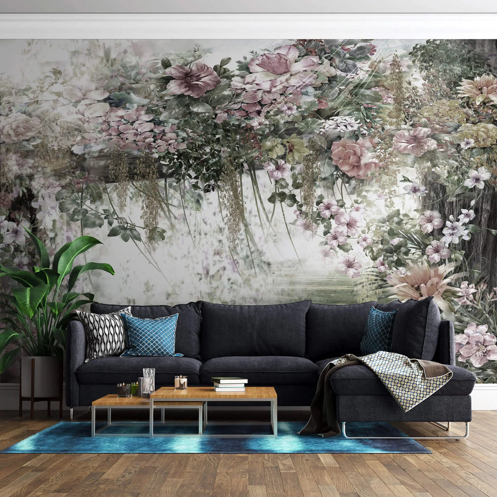Tapet personalizat floral cu peisaj din natura pictat floral artwork