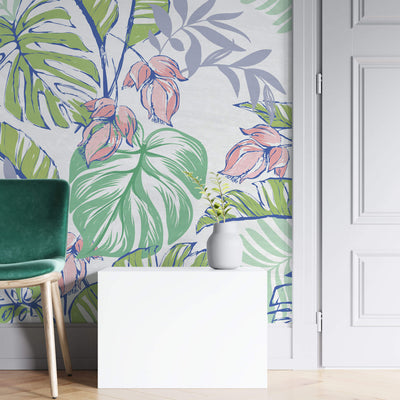 fototapet-personalizat-floral-cu-flori-roz-si-frunze-de-monstera-si-palmier-cu-efect-de-ilustratie-in-culori-vibrante-floral-paradise