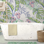 Tapet personalizat floral cu flori roz si frunze de monstera si palmier cu efect de ilustratie in culori vibrante floral paradise