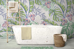 Tapet personalizat floral cu flori roz si frunze de monstera si palmier cu efect de ilustratie in culori vibrante floral paradise