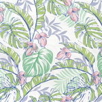 Tapet personalizat floral cu flori roz si frunze de monstera si palmier cu efect de ilustratie in culori vibrante floral paradise