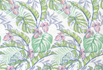 Tapet personalizat floral cu flori roz si frunze de monstera si palmier cu efect de ilustratie in culori vibrante floral paradise