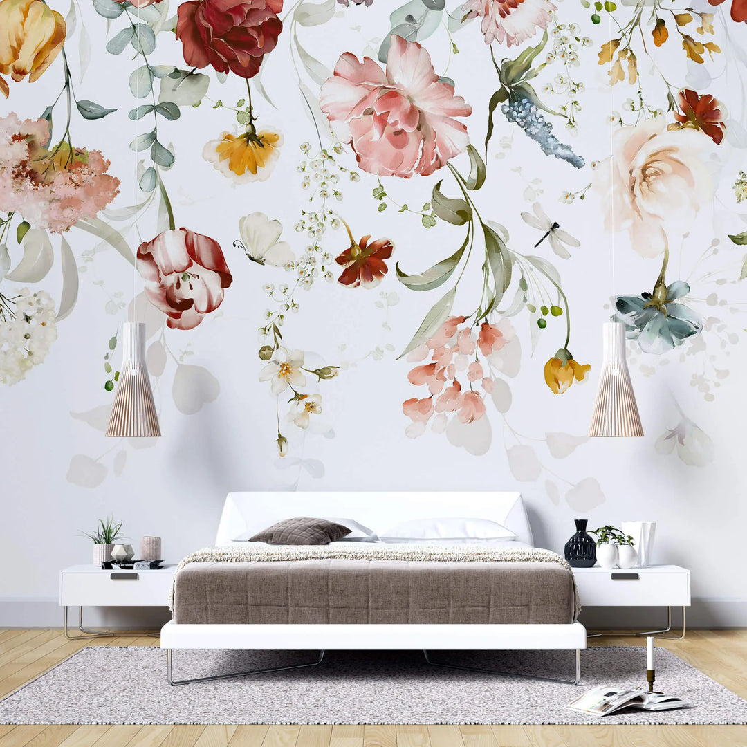 Tapet floral personalizat cu flori pictate in stil watercolor flower's veil