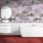 Tapet personalizat floral cu hortensii mov pe un fundal albastru deschis hortensia