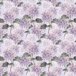 Tapet personalizat floral cu hortensii mov pe un fundal albastru deschis hortensia