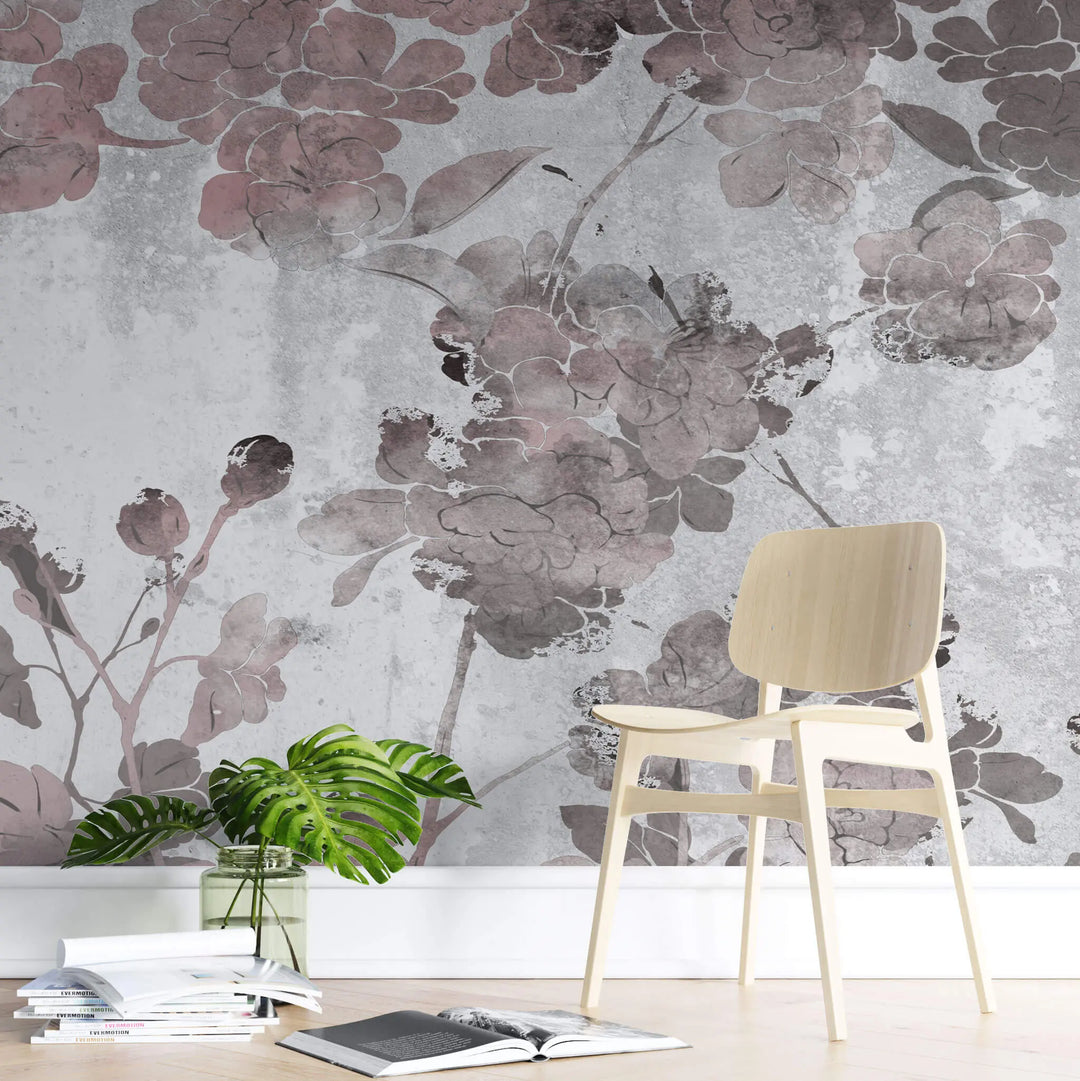 Tapet personalizat floral cu flori de trandafir in nunante de bronz rose pe un fundal texturat cimentat industrial roses