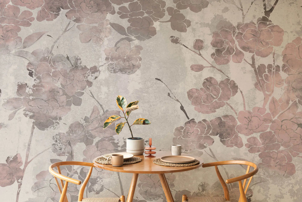 Tapet personalizat floral cu flori de trandafir in nunante de bronz rose pe un fundal texturat cimentat industrial roses