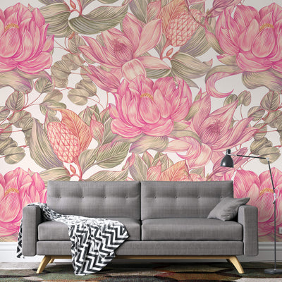 fototapet-personalizat-floral-cu-flori-de-nufar-indian-roz-pe-fundal-alb-nelumbo-nucifera