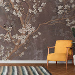 Tapet personalizat floral ramuri orientale inflorite pe un fundal maro texturat oriental blossom