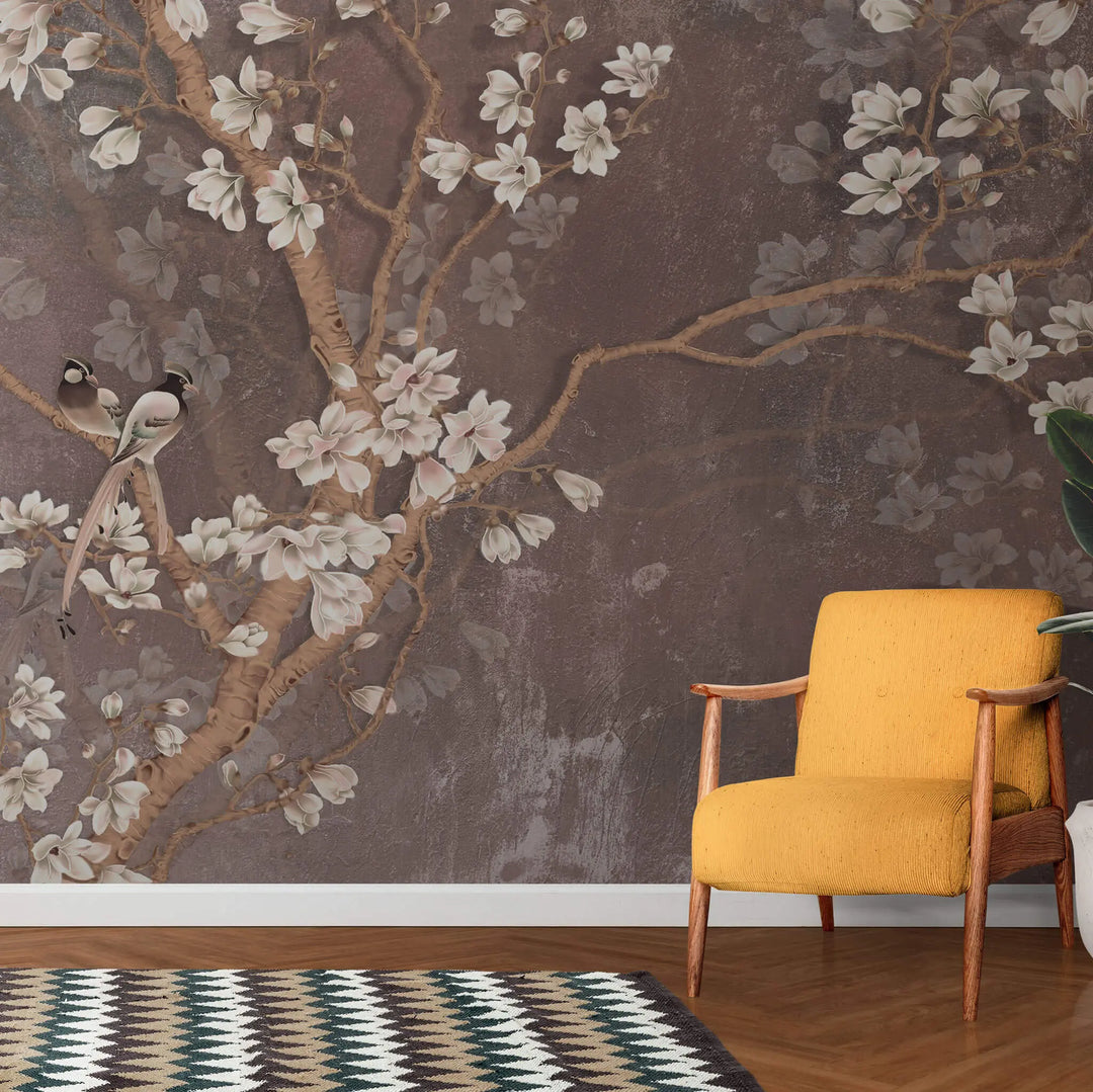 Tapet personalizat floral ramuri orientale inflorite pe un fundal maro texturat oriental blossom