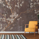 Tapet personalizat floral ramuri orientale inflorite pe un fundal maro texturat oriental blossom