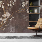 Tapet personalizat floral ramuri orientale inflorite pe un fundal maro texturat oriental blossom