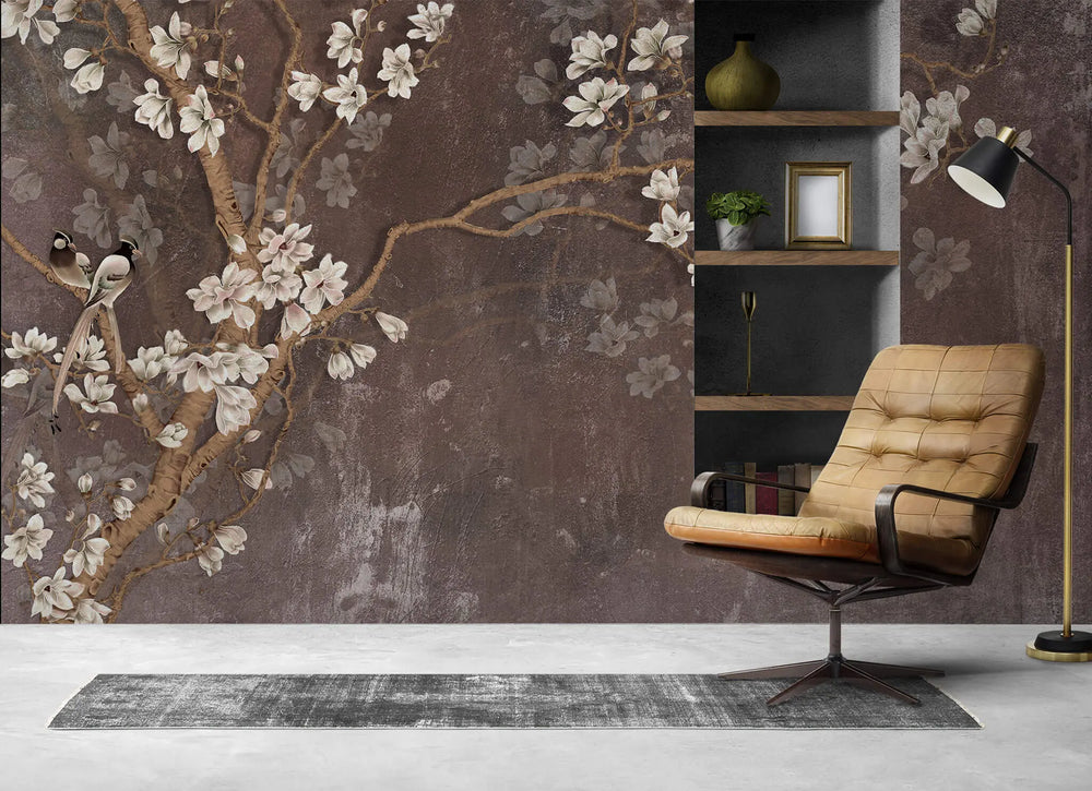 Tapet personalizat floral ramuri orientale inflorite pe un fundal maro texturat oriental blossom