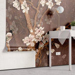 Tapet personalizat floral ramuri orientale inflorite pe un fundal maro texturat oriental blossom