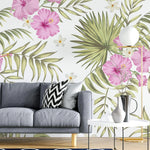 Tapet personalizat floral cu flori de hibiscus roz si alb si frunze de palmier apak pe un fundal alb palm hibiscus