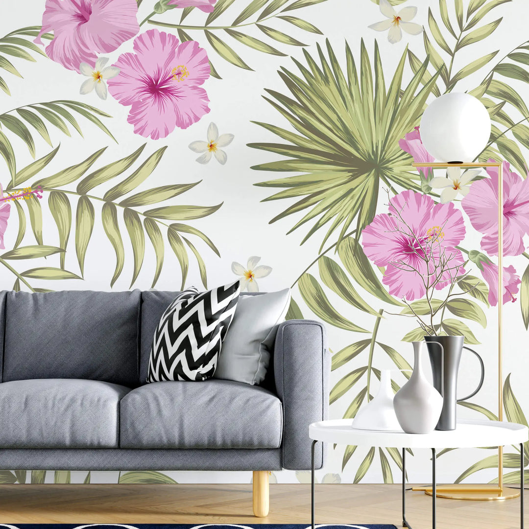 Tapet personalizat floral cu flori de hibiscus roz si alb si frunze de palmier apak pe un fundal alb palm hibiscus