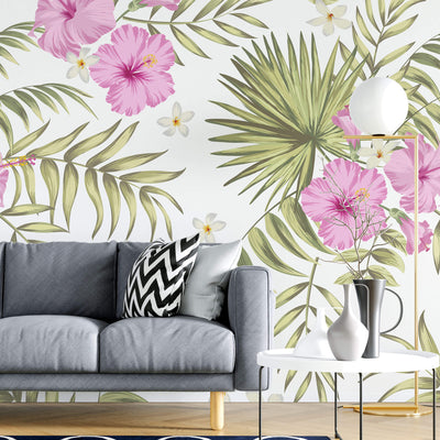 fototapet-personalizat-floral-cu-flori-de-hibiscus-roz-si-alb-si-frunze-de-palmier-apak-pe-un-fundal-alb-palm-hibiscus