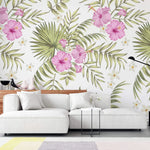 Tapet personalizat floral cu flori de hibiscus roz si alb si frunze de palmier apak pe un fundal alb palm hibiscus