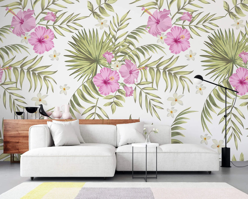 Tapet personalizat floral cu flori de hibiscus roz si alb si frunze de palmier apak pe un fundal alb palm hibiscus