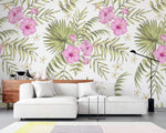 Tapet personalizat floral cu flori de hibiscus roz si alb si frunze de palmier apak pe un fundal alb palm hibiscus