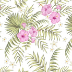Tapet personalizat floral cu flori de hibiscus roz si alb si frunze de palmier apak pe un fundal alb palm hibiscus