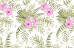 Tapet personalizat floral cu flori de hibiscus roz si alb si frunze de palmier apak pe un fundal alb palm hibiscus