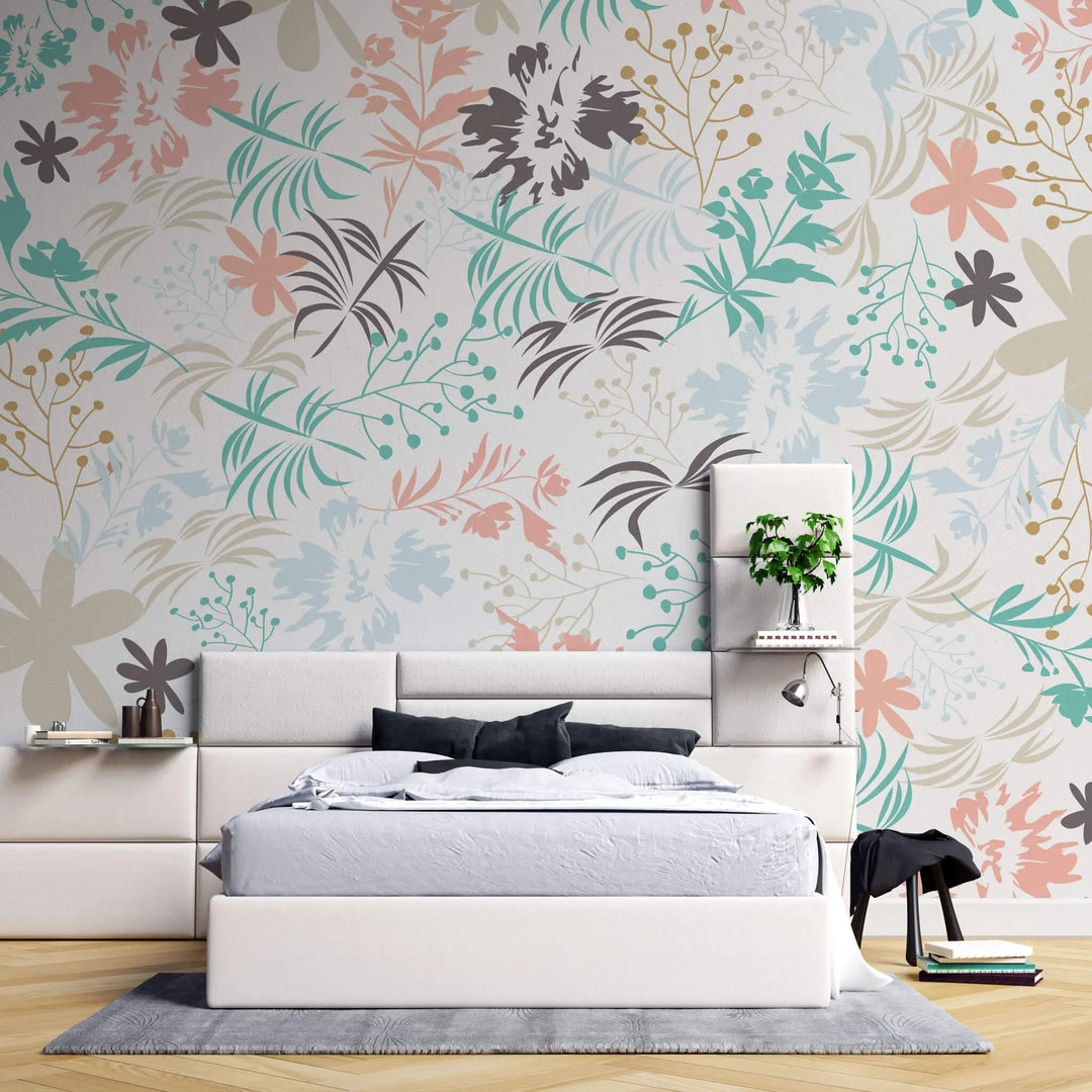 Tapet personalizat floral cu flori si frunze in culori pastelate pe un fundal alb pastel flowers