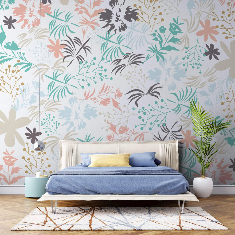 Tapet personalizat floral cu flori si frunze in culori pastelate pe un fundal alb pastel flowers