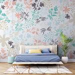 Tapet personalizat floral cu flori si frunze in culori pastelate pe un fundal alb pastel flowers