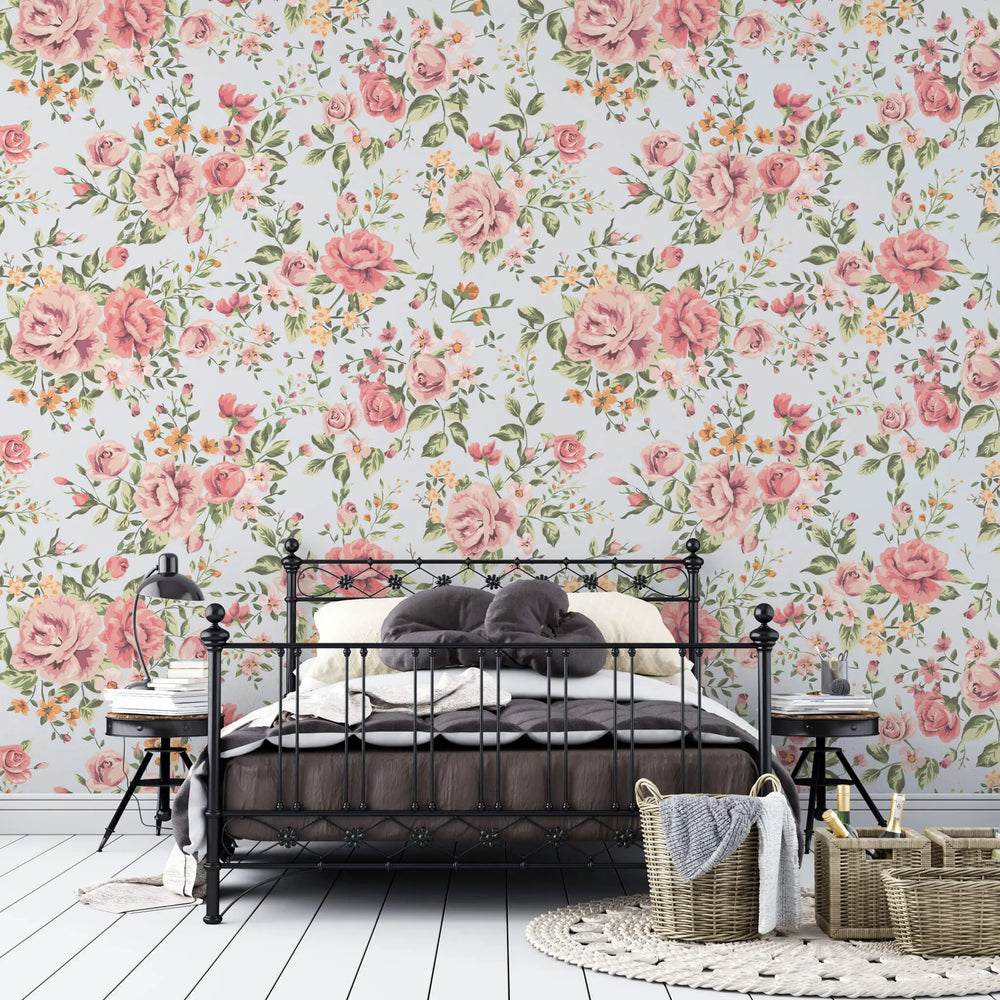 Tapet personalizat floral cu trandafiri infloriti in nuante de roz pastel pastel roses
