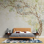 Tapet personalizat floral cu un copac inflorit alb pe un fundal vernil linistitor serenity tree