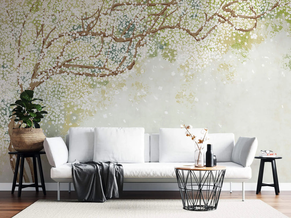 Tapet personalizat floral cu un copac inflorit alb pe un fundal vernil linistitor serenity tree