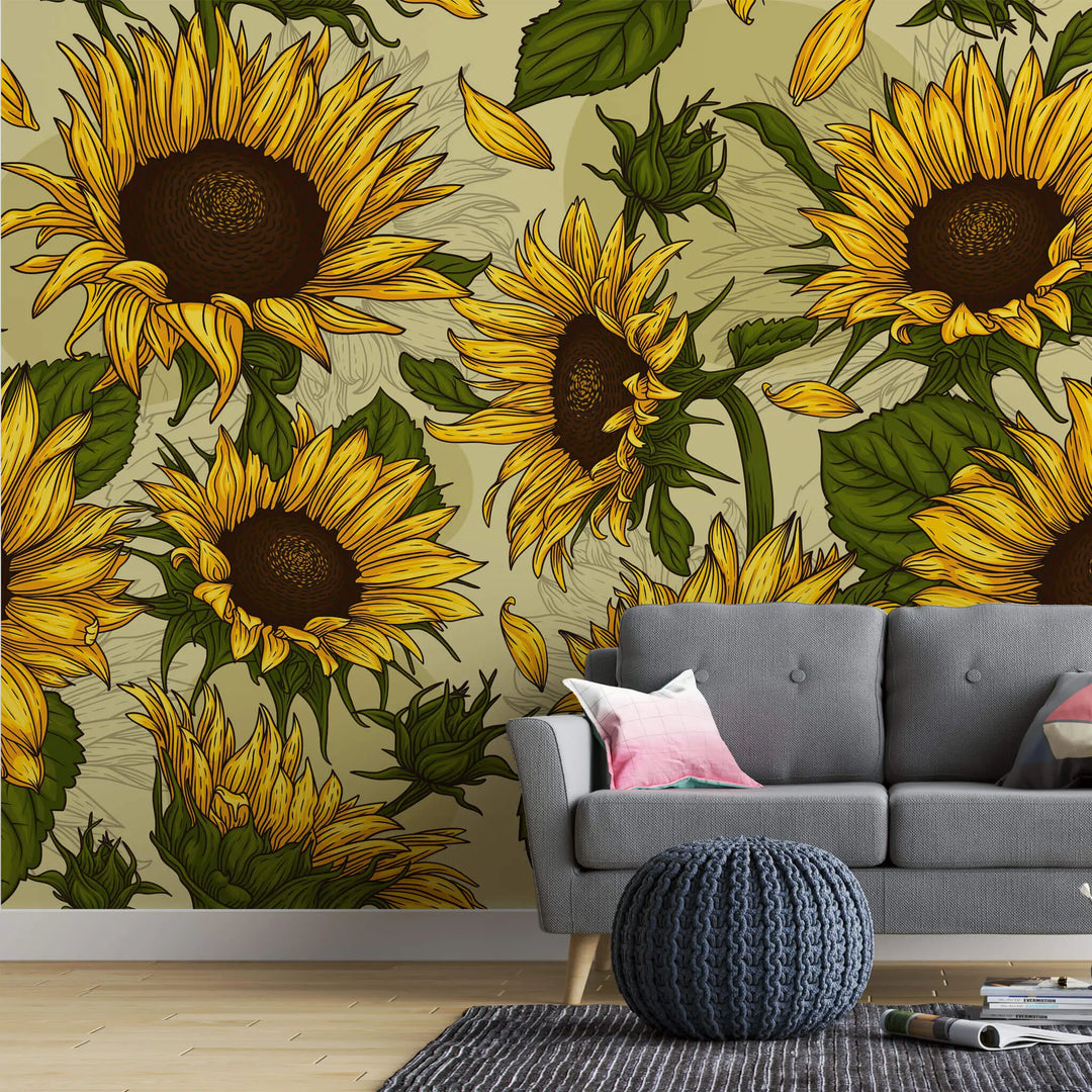 Tapet personalizat floral cu floarea soarelui cu efect de ilustratie sunflower field