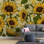 Tapet personalizat floral cu floarea soarelui cu efect de ilustratie sunflower field