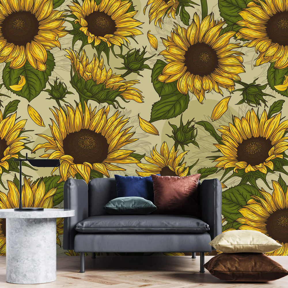 Tapet personalizat floral cu floarea soarelui cu efect de ilustratie sunflower field