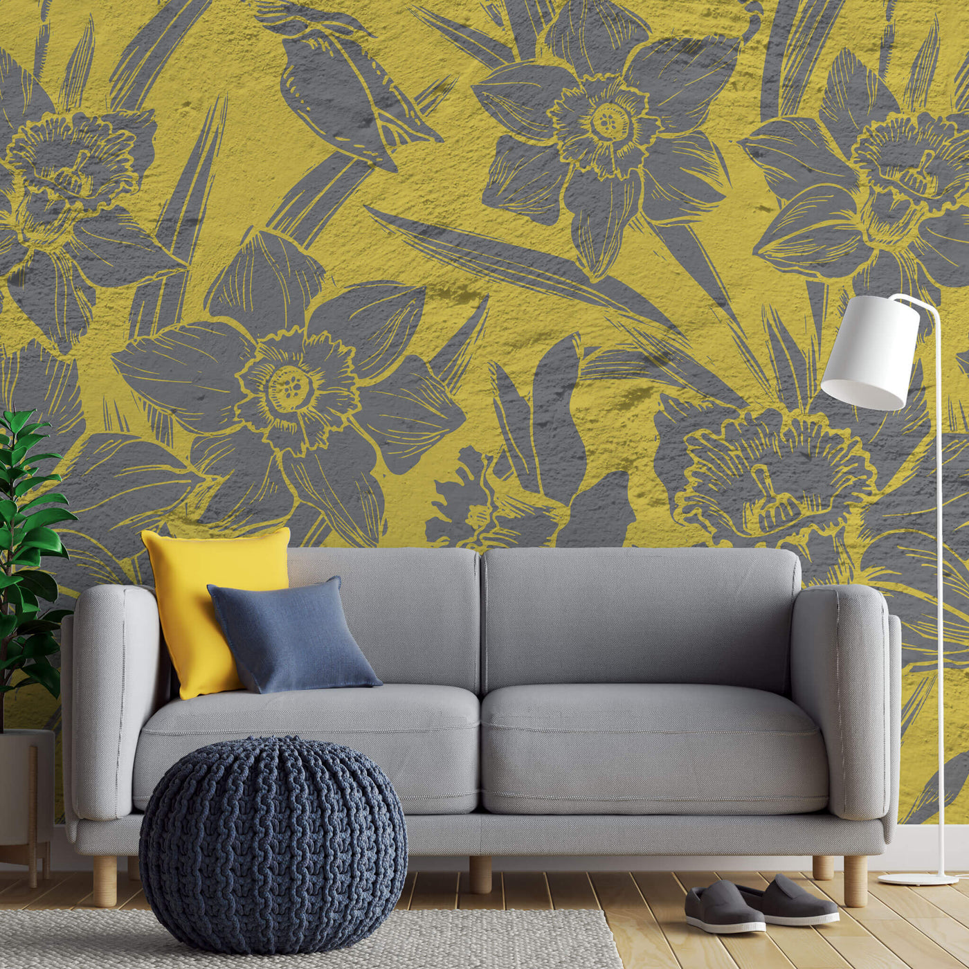 fototapet-personalizat-floral-cu-flori-tropicale-intr-un-contrast-de-galben-gri-cu-efect-de-print-pe-beton-in-stil-industrial-tropical-contrast