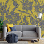 Tapet personalizat floral cu flori tropicale intr un contrast de galben gri cu efect de print pe beton in stil industrial tropical contrast