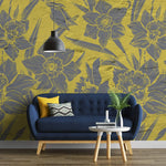 Tapet personalizat floral cu flori tropicale intr un contrast de galben gri cu efect de print pe beton in stil industrial tropical contrast