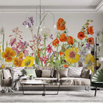 Tapet personalizat floral cu mix de flori salbatice de mac rosu crin peruan echinacea iris peacock moraea pe un fundal alb vibrant wilderness