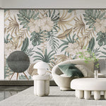 Tapet personalizat floral cu flori de hibiscus albe si frunze de palmier pe un fundal bej texturat white hibiscus