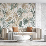 Tapet personalizat floral cu flori de hibiscus albe si frunze de palmier pe un fundal bej texturat white hibiscus
