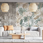 Tapet personalizat floral cu flori de hibiscus albe si frunze de palmier pe un fundal bej texturat white hibiscus