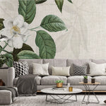 Tapet personalizat floral cu planta de iasomie sau lamaita pe un fundal texturat de panza white jasmin