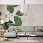 Tapet personalizat floral cu planta de iasomie sau lamaita pe un fundal texturat de panza white jasmin