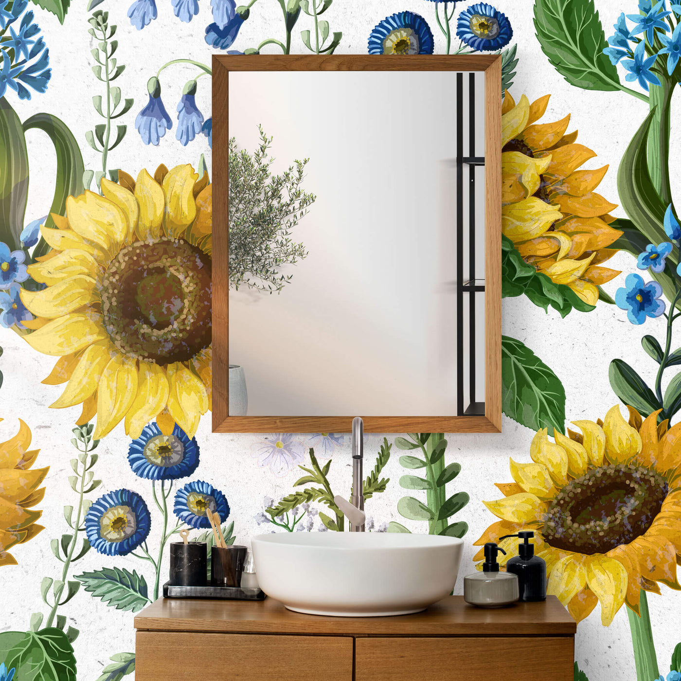 fototapet-personalizat-floral-cu-floarea-soarelui-si-flori-albastre-salbatice-de-nu-ma-uita-pe-un-fundal-alb-texturat-wild-sunflower